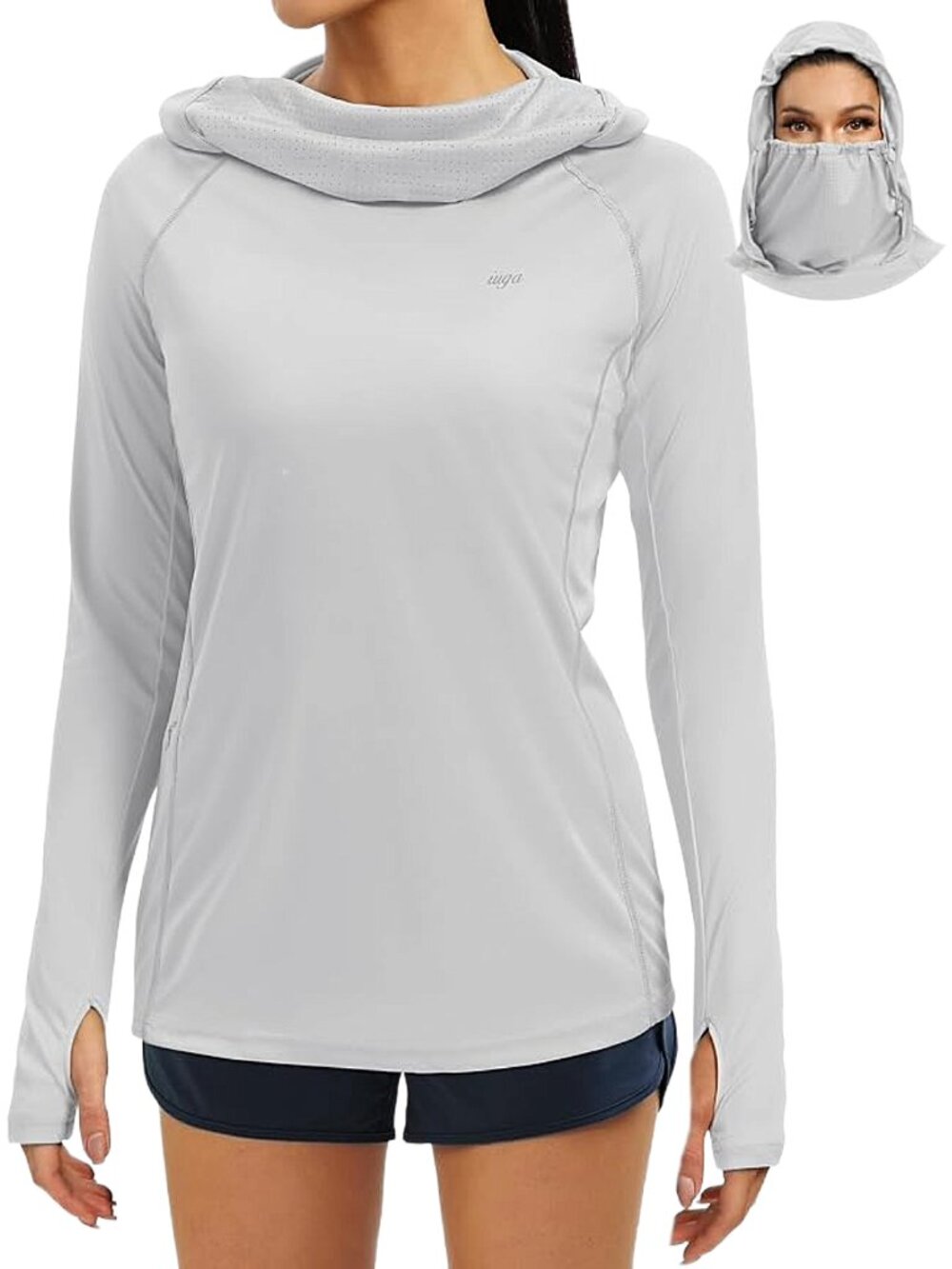 UPF 50 Sun Hoodie Face Cover Hiking SPF Shirt Gray Women’s XL IUGA
